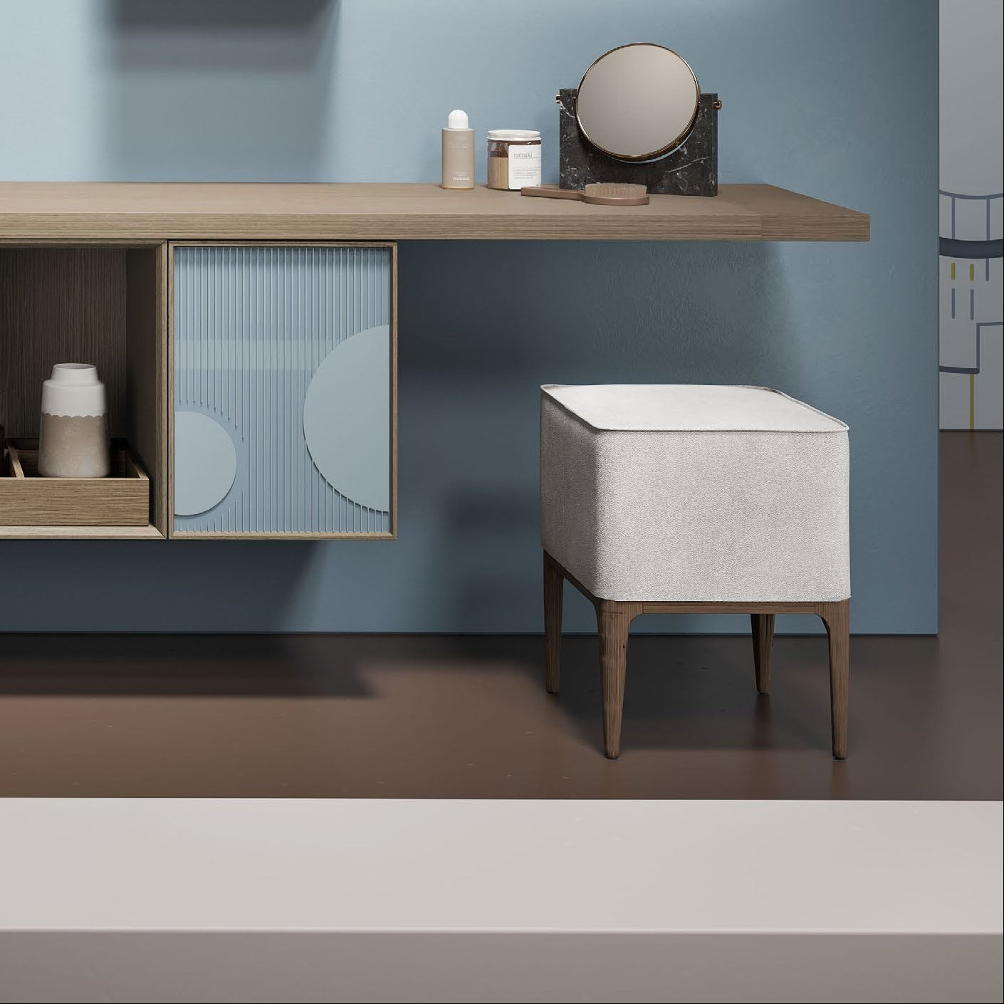 Pouff in Tessuto Pelle Bianco con Pedana in Legno (Cod. KB006) - Mobiltesino