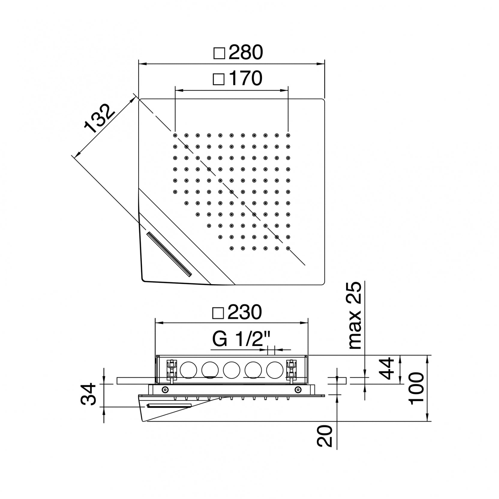 Soffione per controsoffitto 280 x 280 mm (Cod. IT-RTBR-406-IS) - Treemme Showers Inox