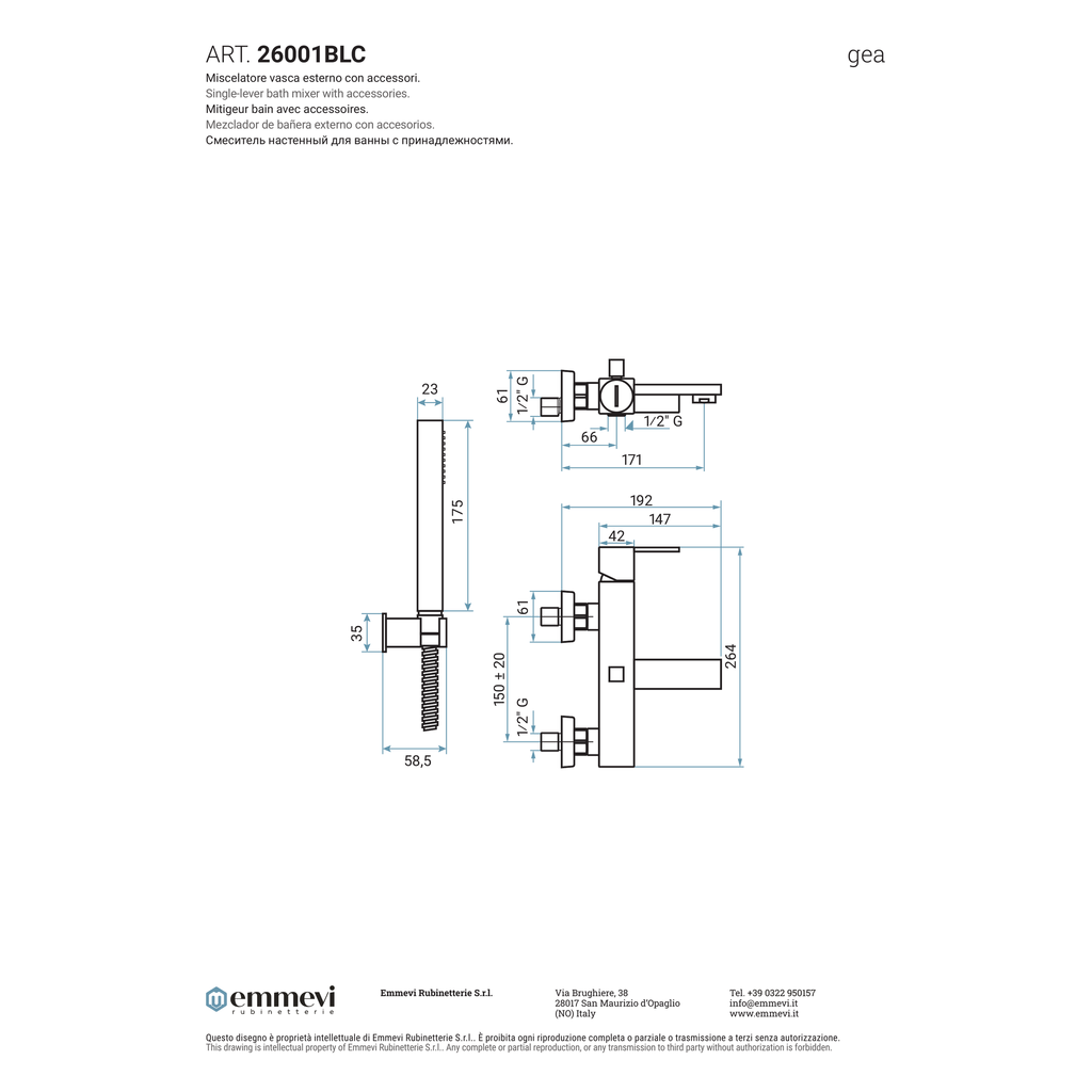 Miscelatore vasca esterno con accessori (Cod. 26001BLC) - Collezione Gea