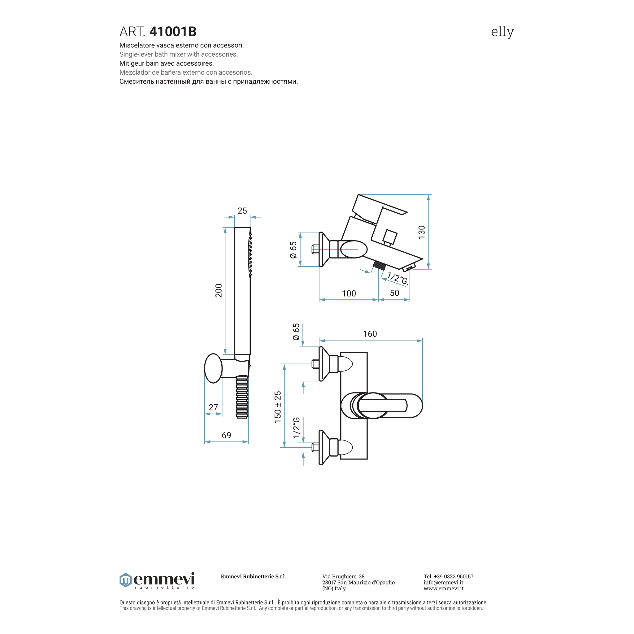 Miscelatore vasca esterno cromo con accessori (Cod. 41001B) - Collezione Elly