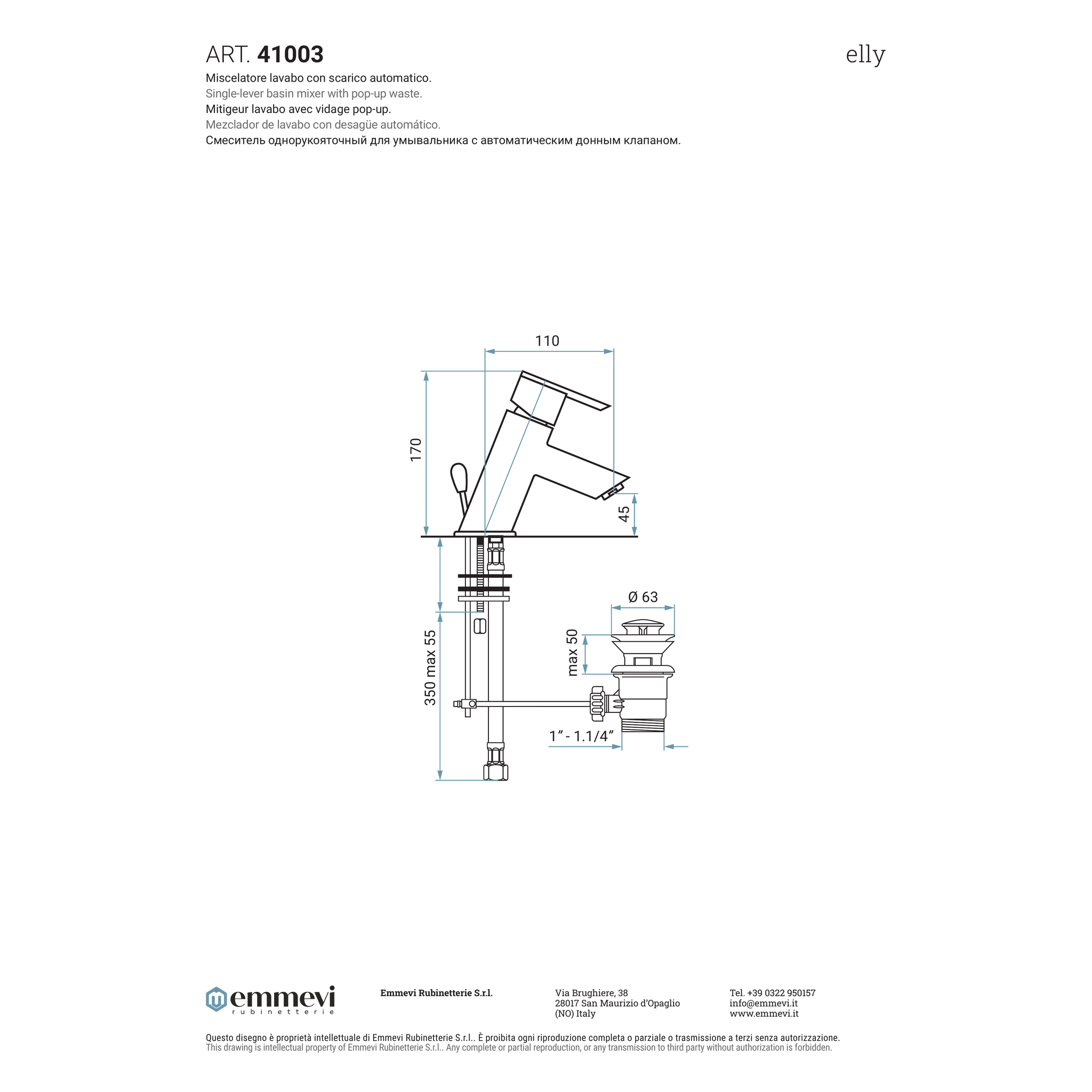 Miscelatore lavabo cromo con scarico automatico (Cod. 41003) - Collezione Elly