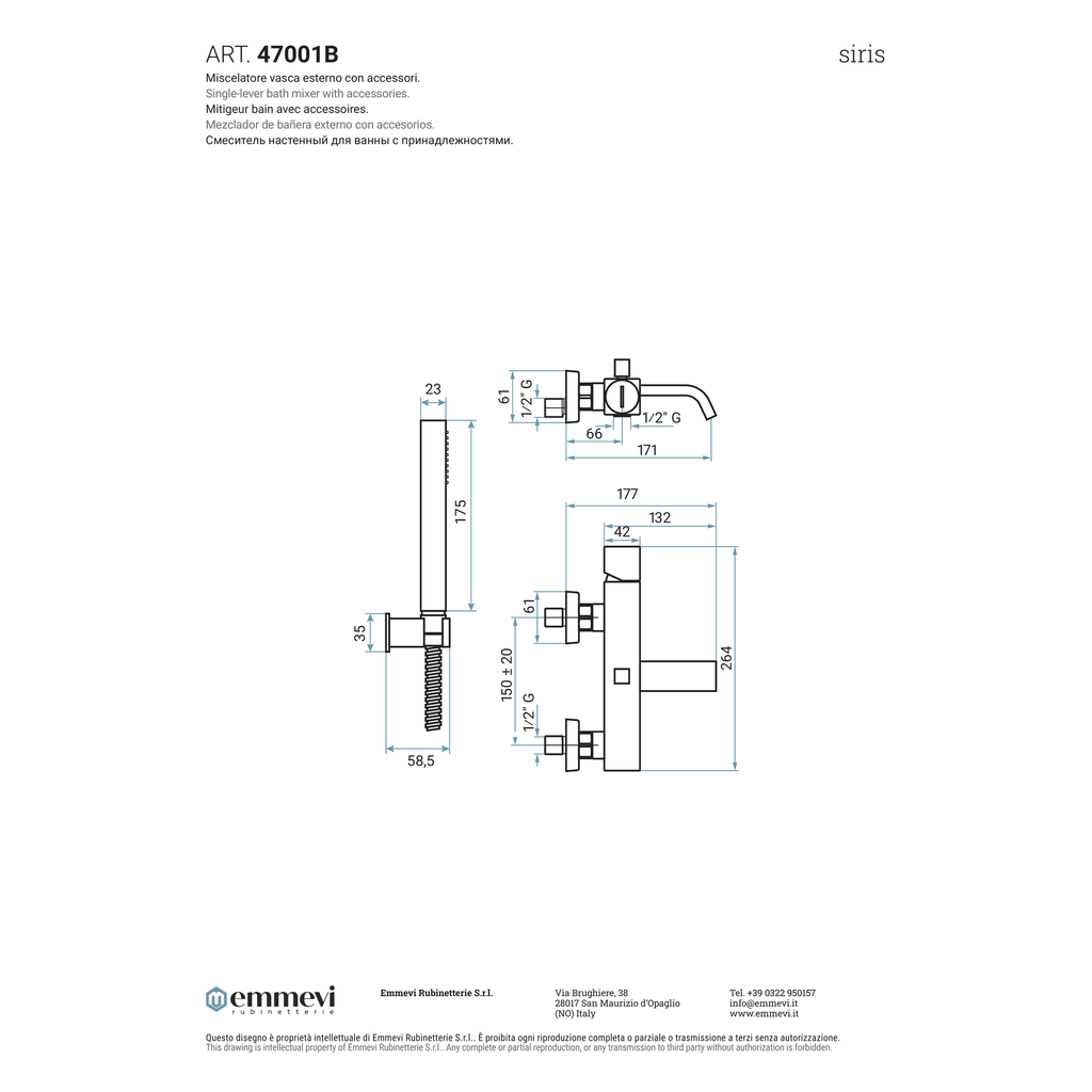Miscelatore vasca esterno getto a cascata cromo con accessori (Cod. 47001B) - Collezione Siris