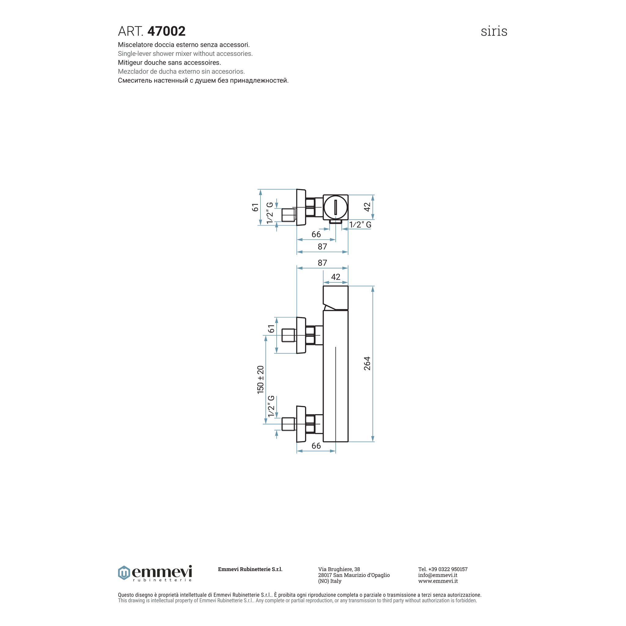 Miscelatore doccia esterno cromo senza accessori (Cod. 47002) - Collezione Siris