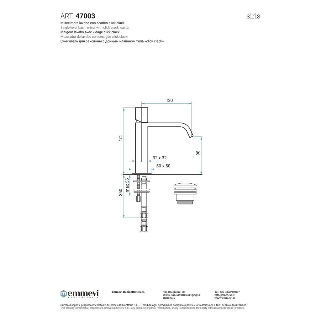 Miscelatore lavabo con getto a cascata cromo con scarico click clack (Cod. 47003) - Collezione Siris