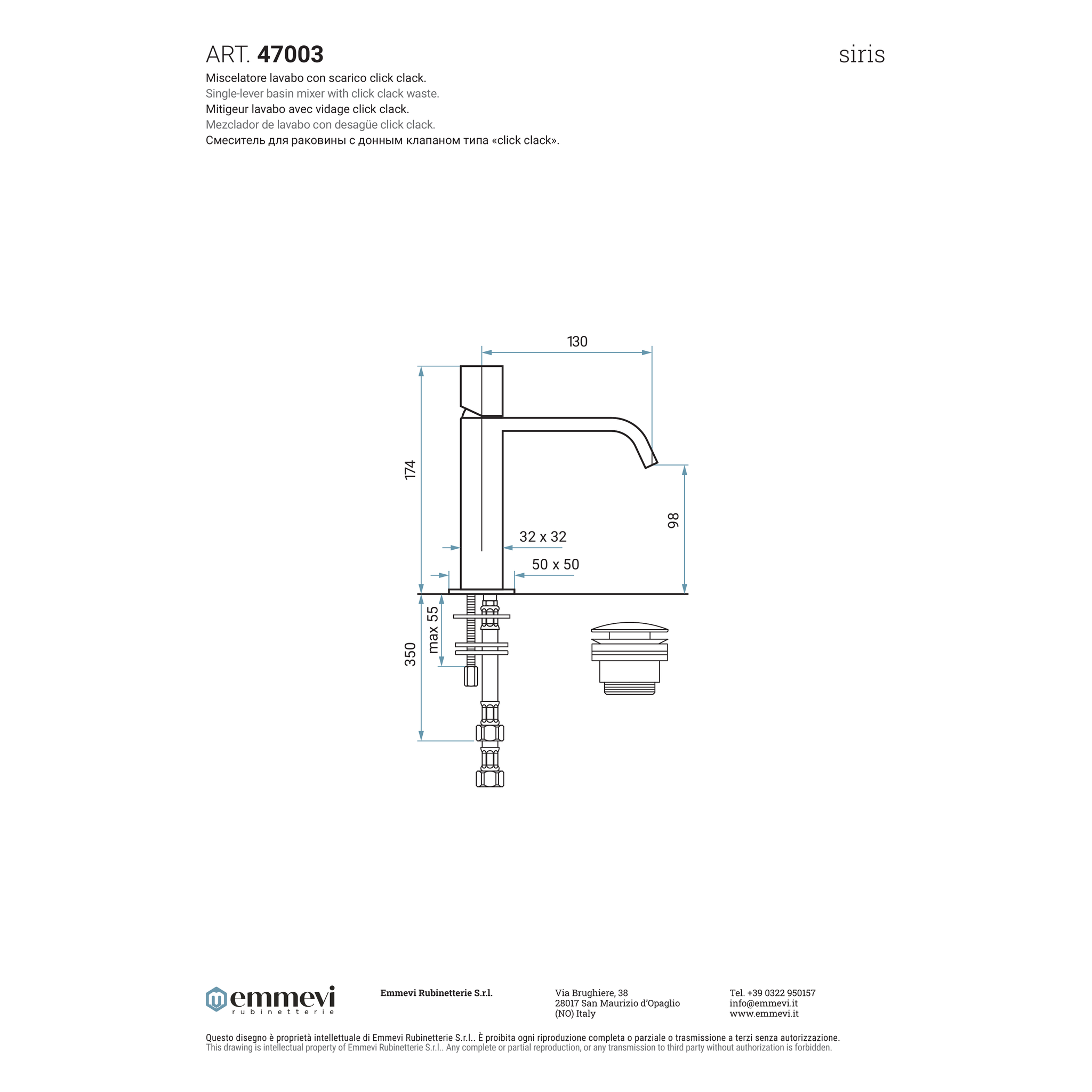 Miscelatore lavabo con getto a cascata cromo con scarico click clack (Cod. 47003) - Collezione Siris