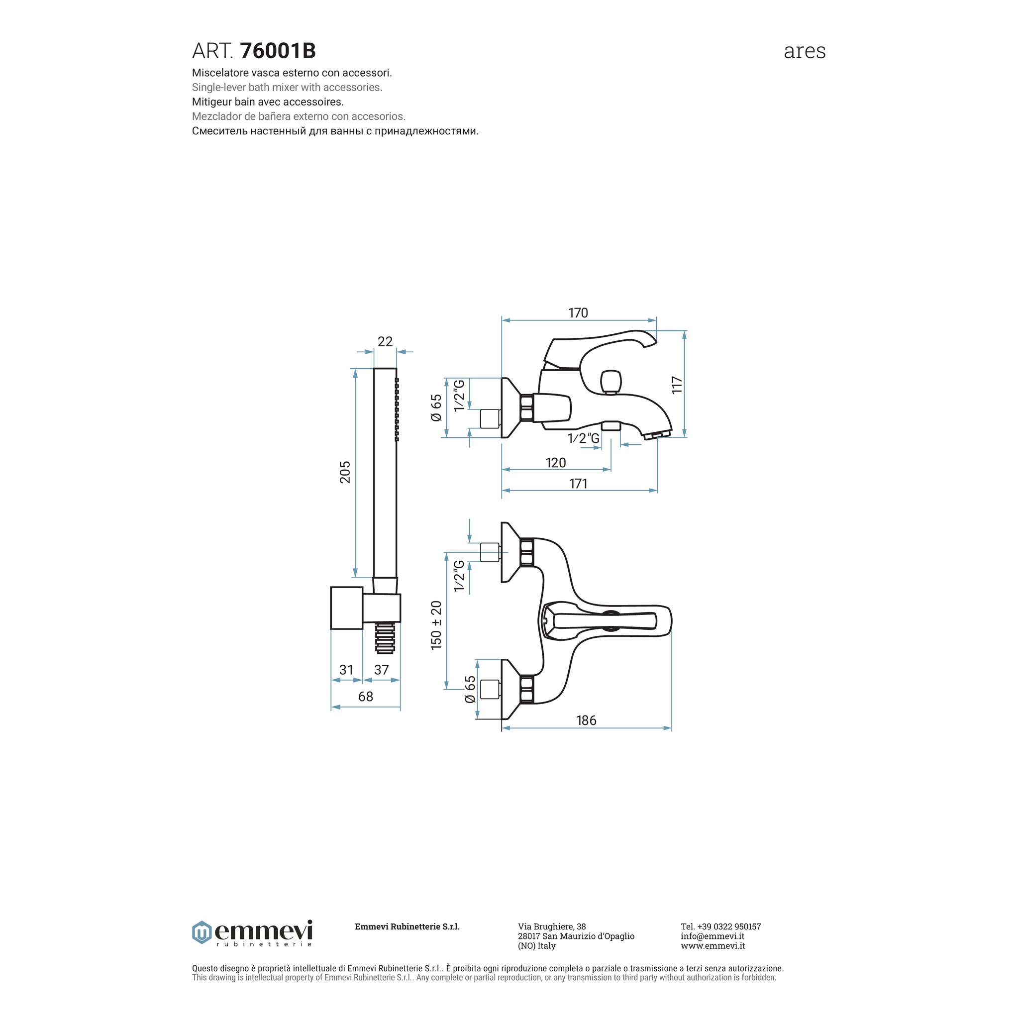 Miscelatore vasca esterno cromo con accessori (Cod. 76001B) - Collezione Ares