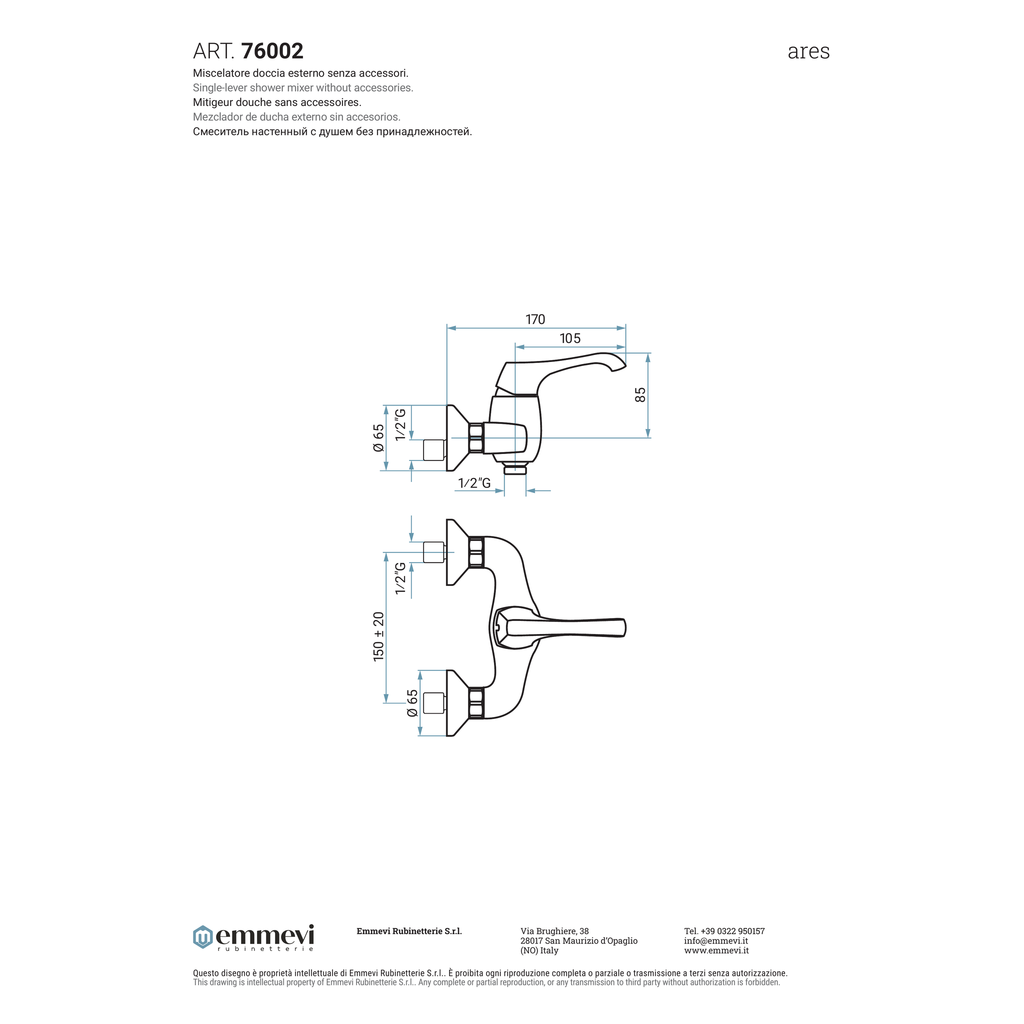 Miscelatore doccia esterno cromo senza accessori (Cod. 76002) - Collezione Ares