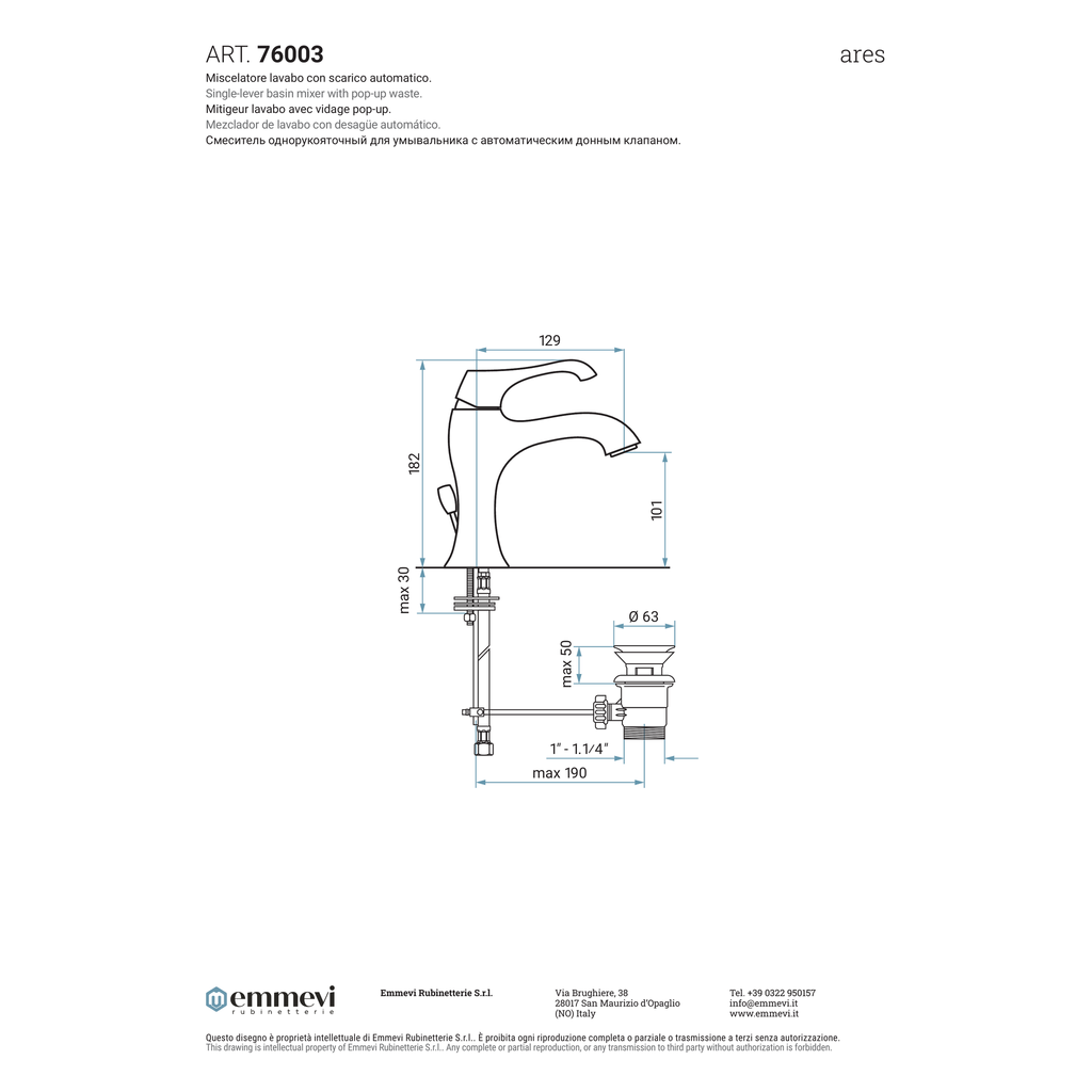Miscelatore lavabo cromo con scarico automatico (Cod. 76003) - Collezione Ares