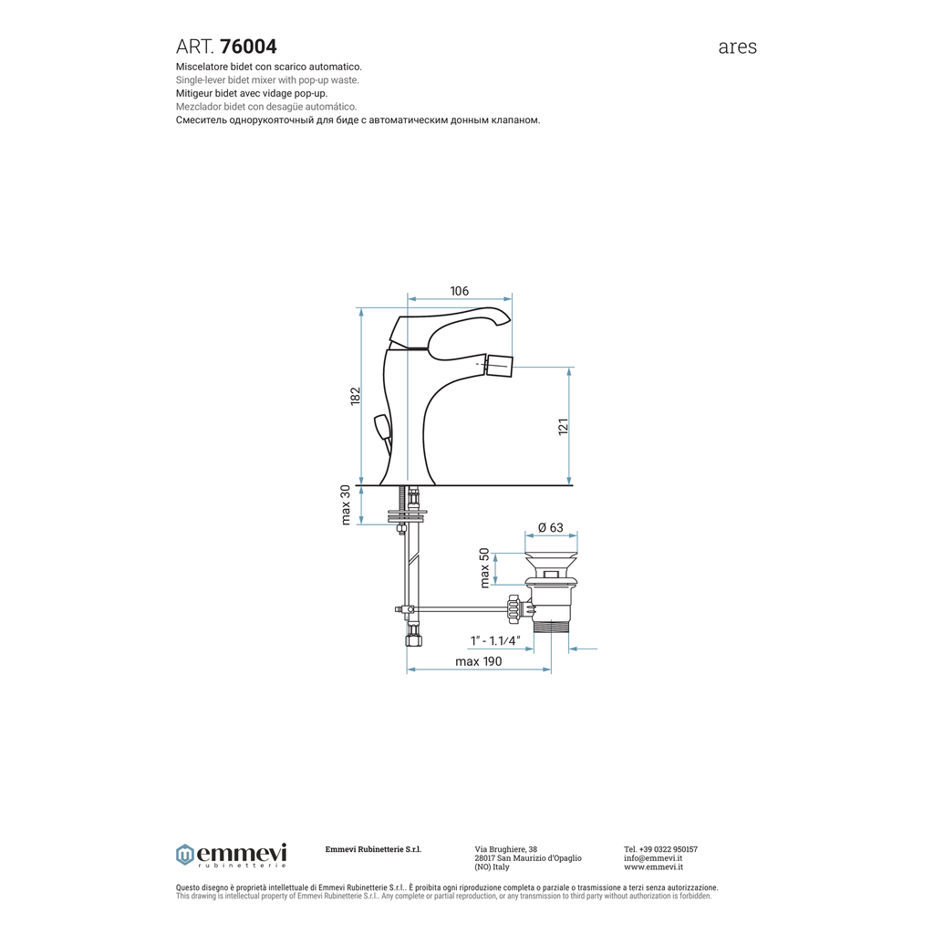 Miscelatore bidet cromo con scarico automatico (Cod. 76004) - Collezione Ares