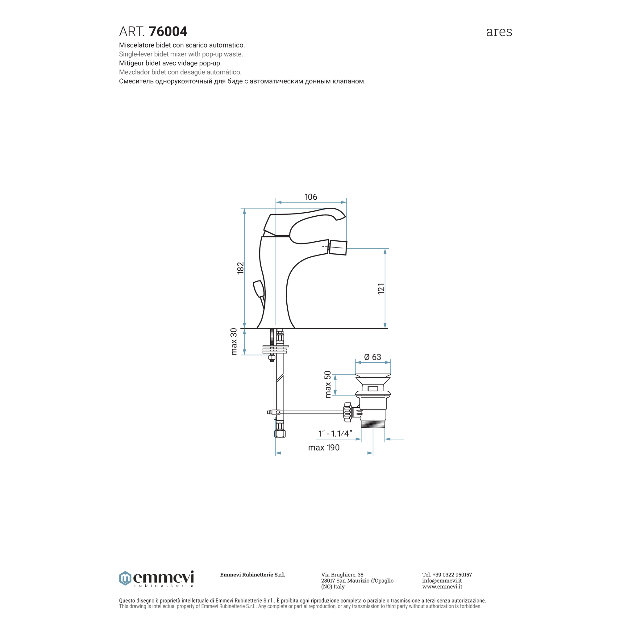 Miscelatore bidet cromo con scarico automatico (Cod. 76004) - Collezione Ares
