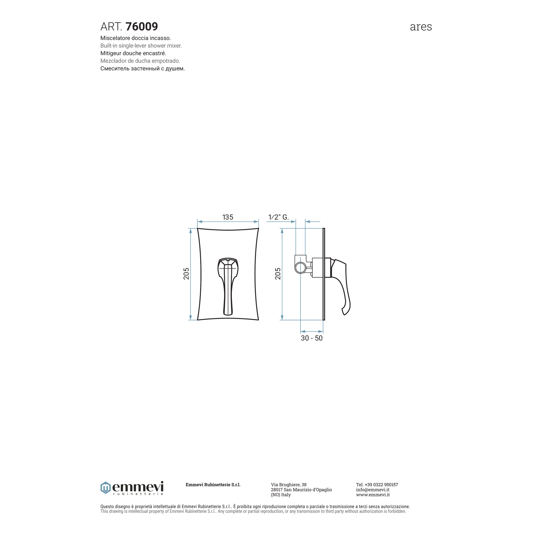 Miscelatore doccia incasso cromo (Cod. 76009) - Collezione Ares