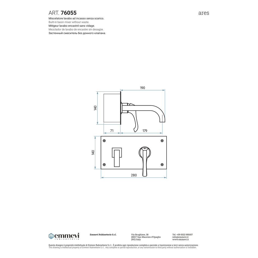 Miscelatore lavabo incasso cromo senza scarico (Cod. 76055) - Collezione Ares
