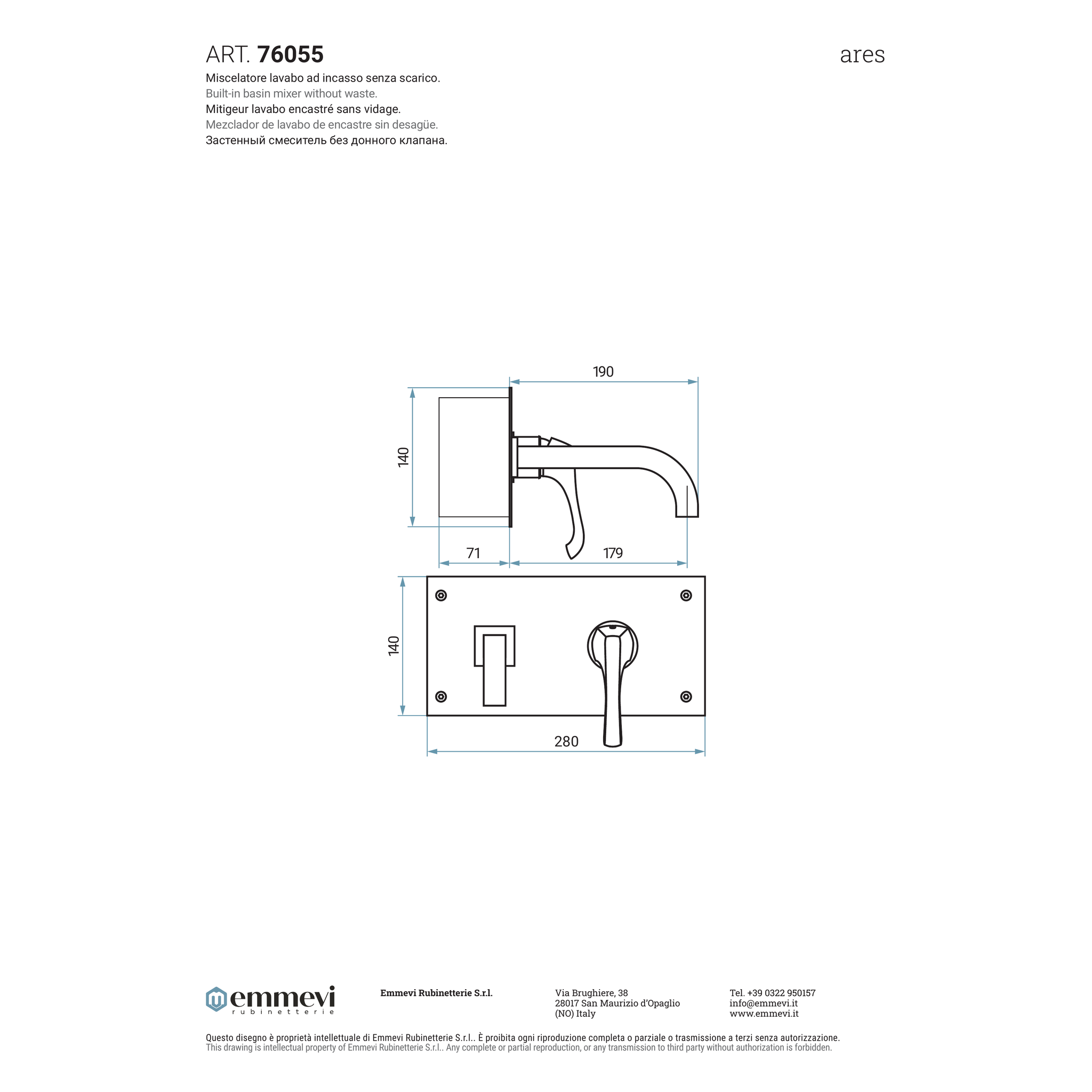 Miscelatore lavabo incasso cromo senza scarico (Cod. 76055) - Collezione Ares