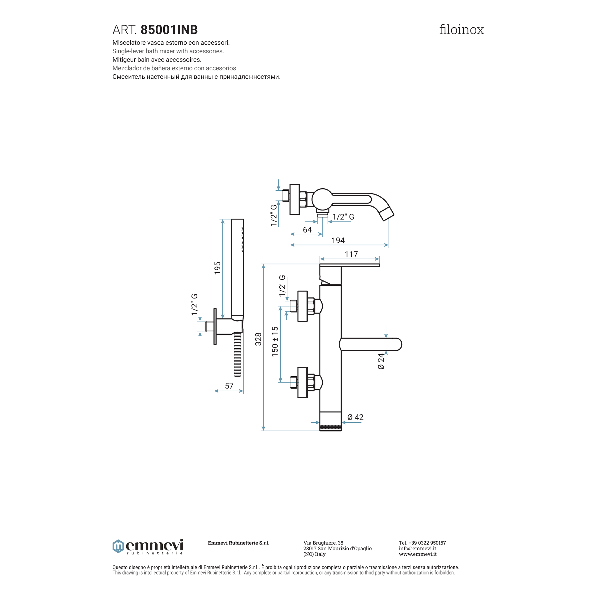 Miscelatore vasca esterno acciaio inox completo di accessori (Cod. 85001INB) - Collezione Filoinox