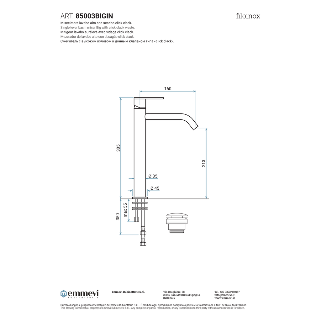 Miscelatore lavabo alto acciaio inox con scarico click clack (Cod. 85003BIGIN) - Collezione Filoinox