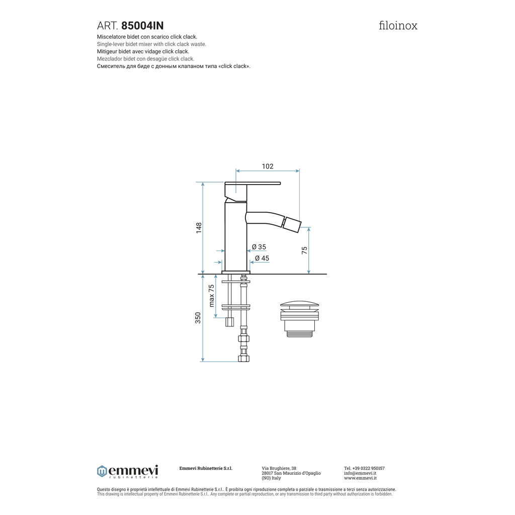 Miscelatore bidet in acciaio inox con scarico click clack (Cod. 85004IN) - Emmevi Filoinox