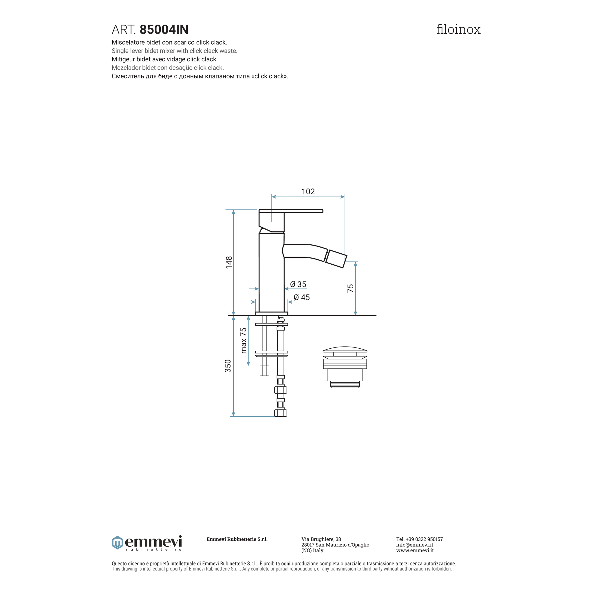 Miscelatore bidet in acciaio inox con scarico click clack (Cod. 85004IN) - Emmevi Filoinox