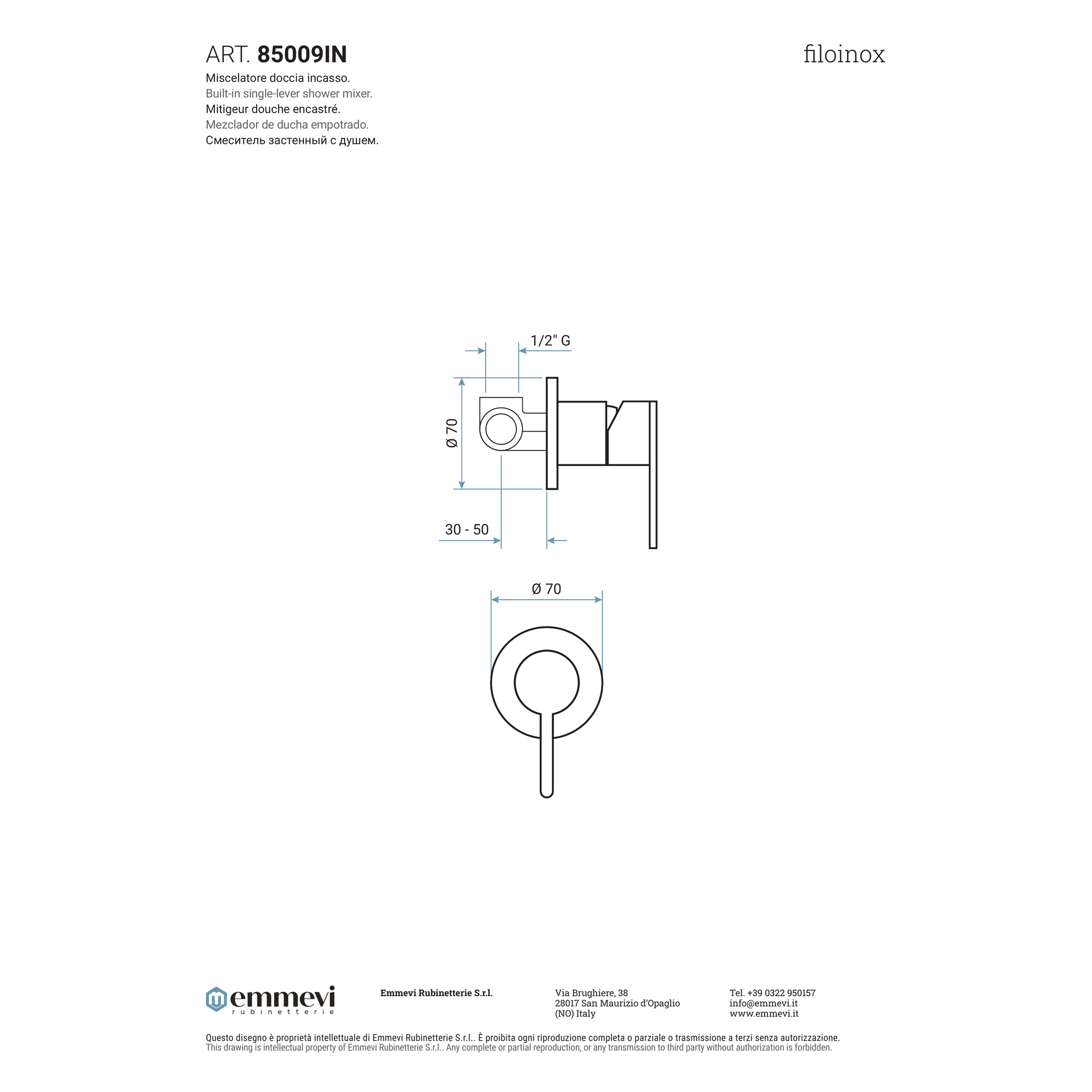 Miscelatore doccia incasso in acciaio inox (Cod. 85009IN) - Emmevi Filoinox