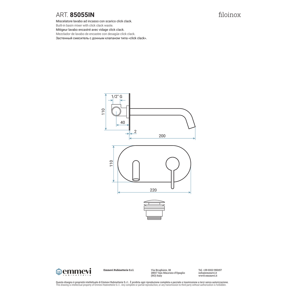 Miscelatore lavabo ad incasso con scarico click clack (Cod. 85055IN) - Emmevi Filoinox