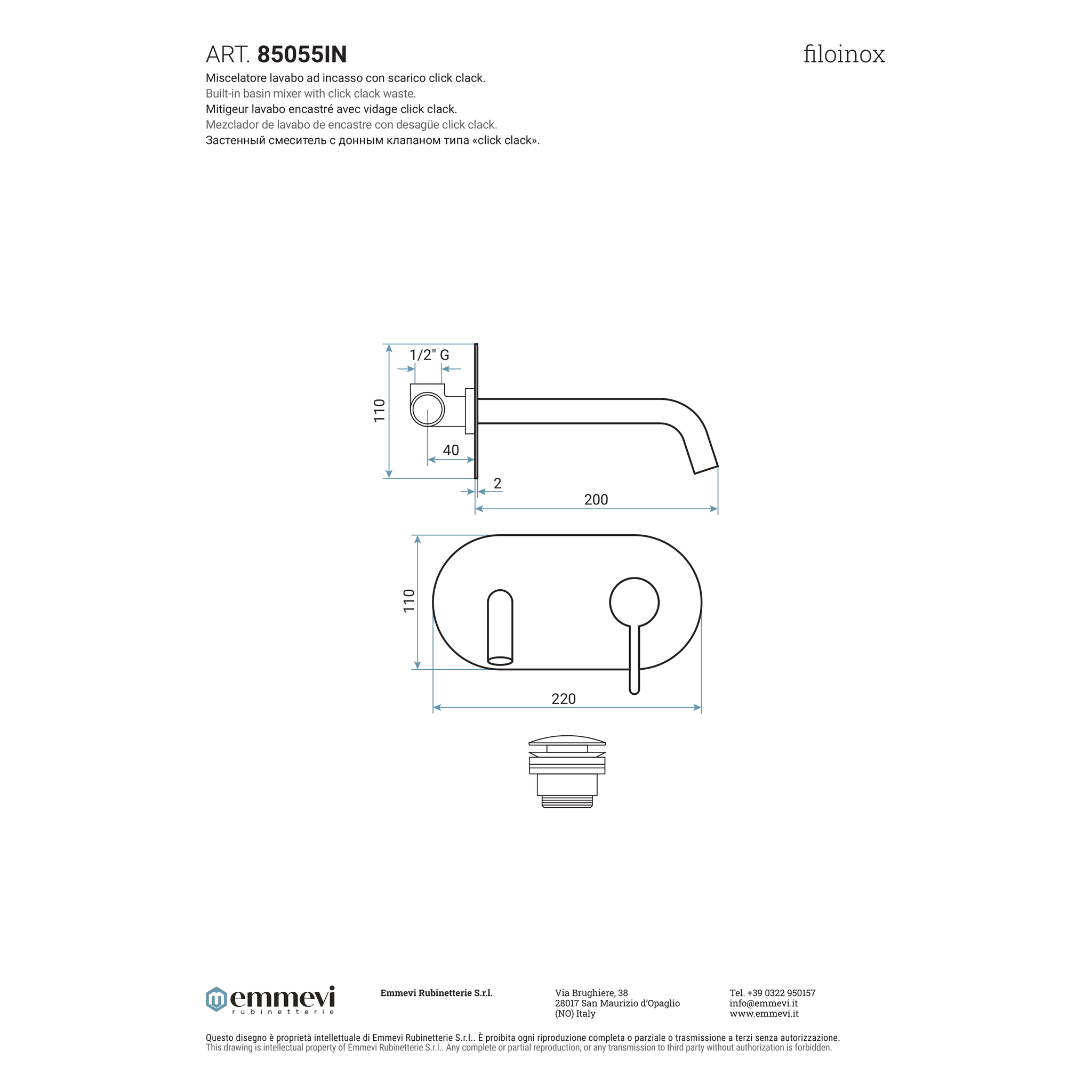 Miscelatore lavabo ad incasso con scarico click clack (Cod. 85055IN) - Emmevi Filoinox