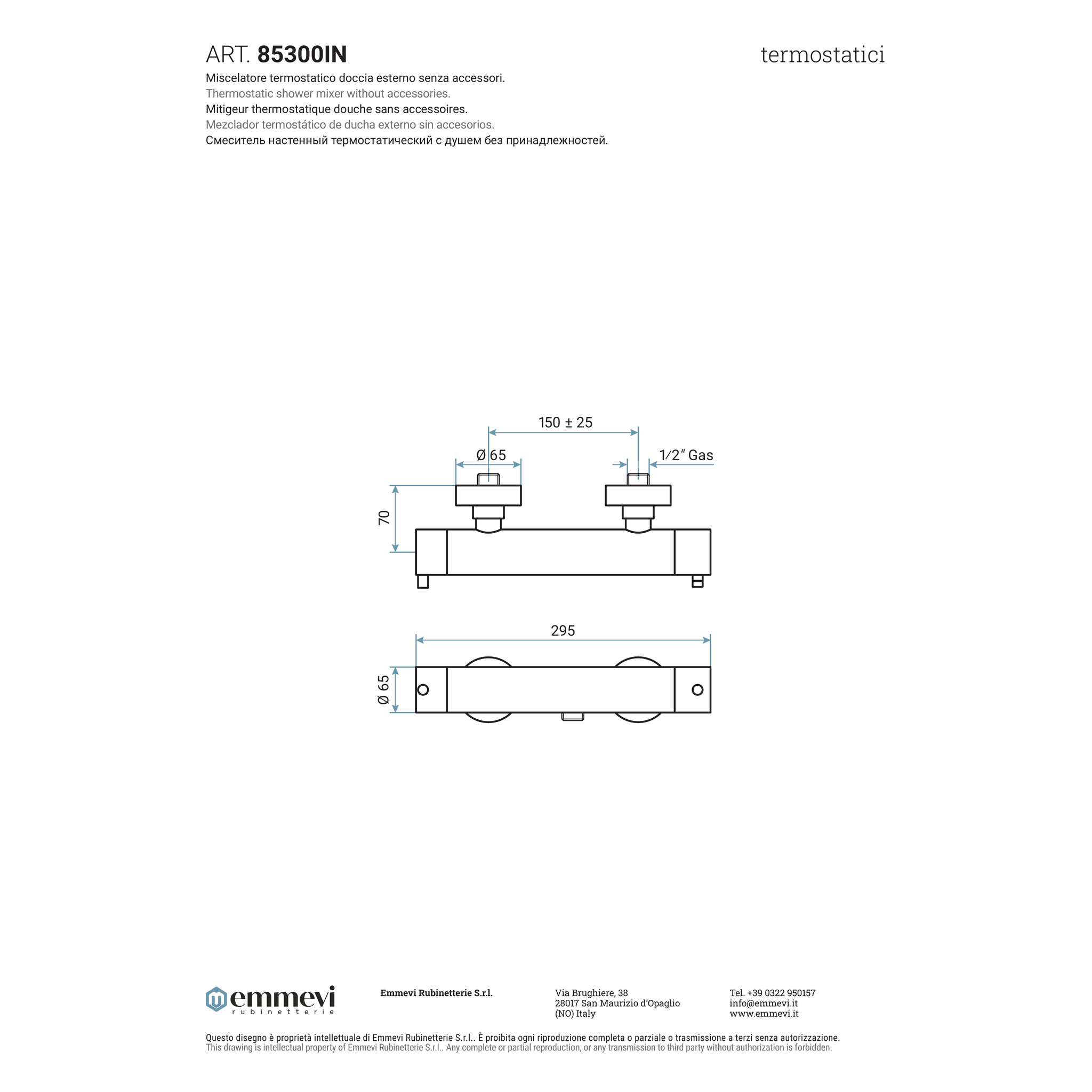 Miscelatore doccia termostatico in acciaio inox (Cod. 85300IN) - Emmevi Filoinox