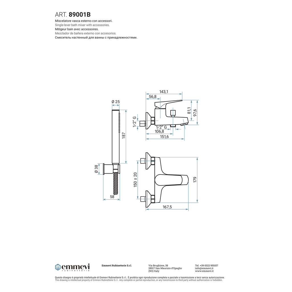 Miscelatore vasca esterno con accessori (Cod. 89001B) - Emmevi Nicla