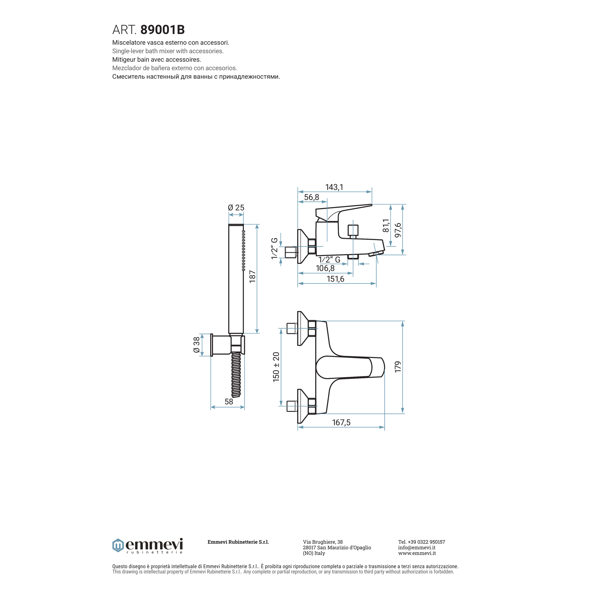 Miscelatore vasca esterno con accessori (Cod. 89001B) - Emmevi Nicla