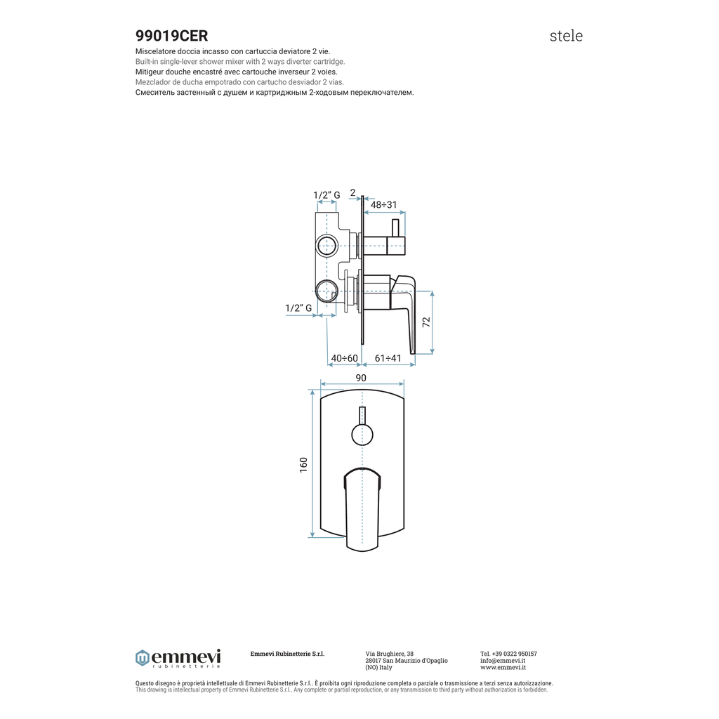Miscelatore doccia incasso con deviatore 2 vie (Cod. 99019CER) - Emmevi Stele