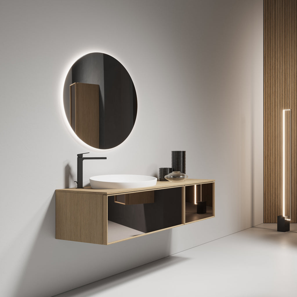Mobile Lavabo Sospeso in Rovere con Pensile D13 H 35 x L 90+50 - Mobiltesino