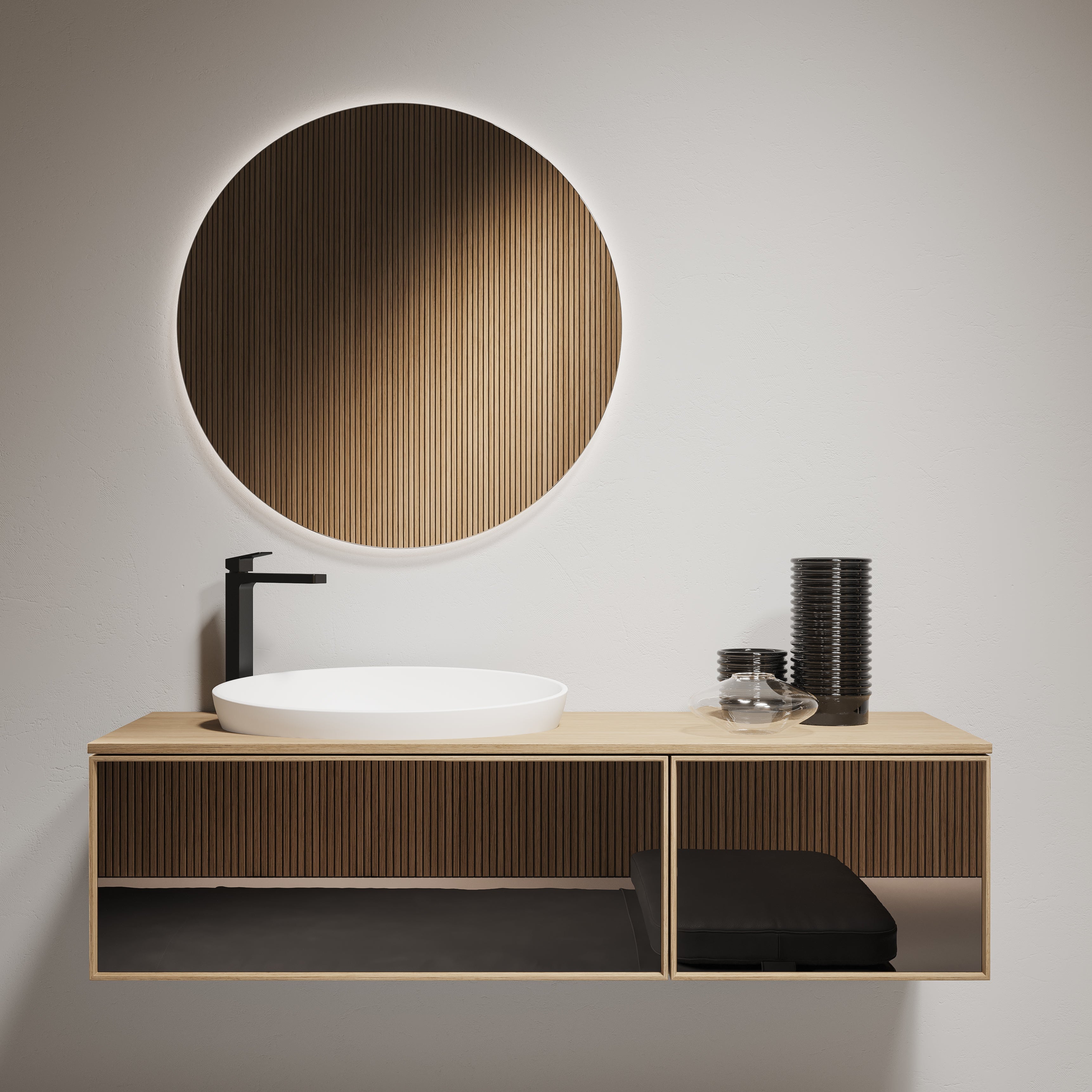 Mobile Lavabo Sospeso in Rovere con Pensile D13 H 35 x L 90+50 - Mobiltesino