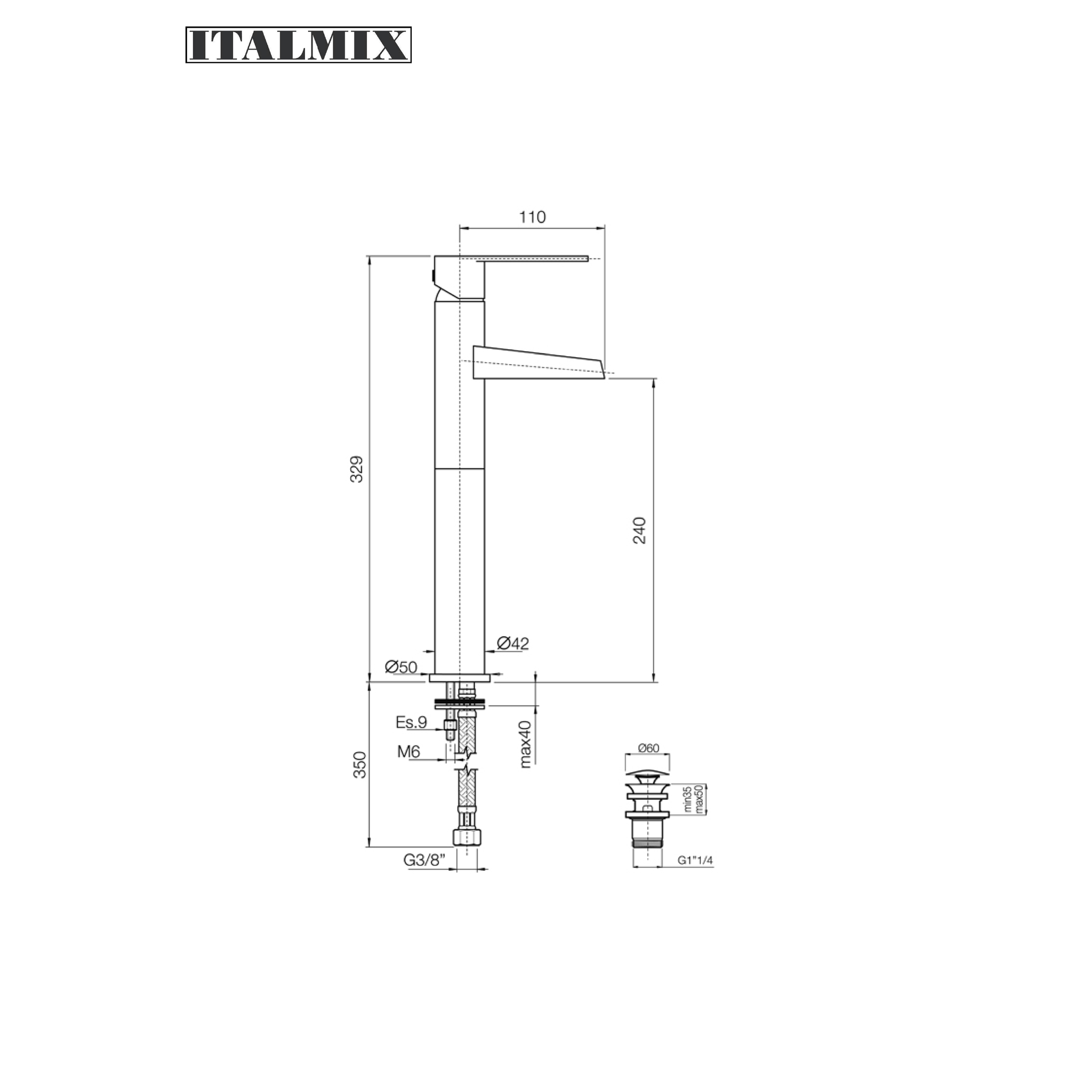 Miscelatore monocomando lavabo prolungato con scarico click-clack cromo (Cod. NI0214) - Italmix Niagara