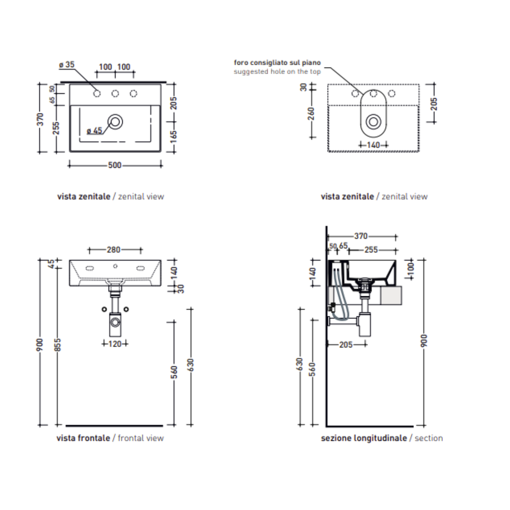 Flaminia APPLIGHT 50 Lavabo 50×37 cm da appoggio/sospeso con piano rubinetteria AP5037
