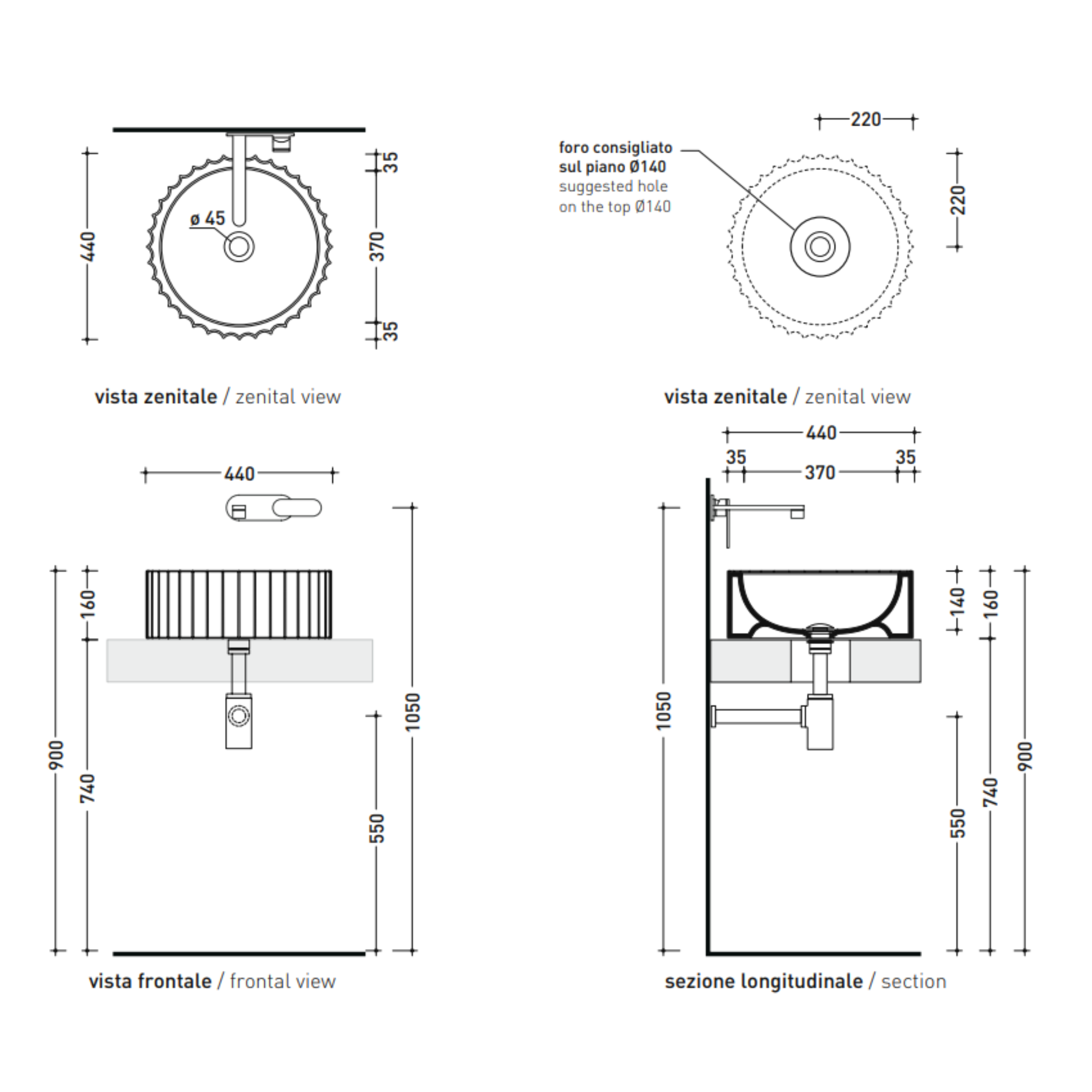 Flaminia SETTECENTO CUT SECUT lavabo Ø44 appoggio