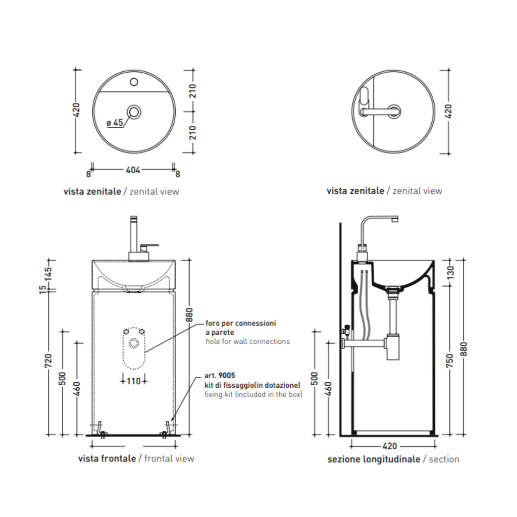 Flaminia MONOTWIN SLIM lavabo colonna scarico parete MTR42P