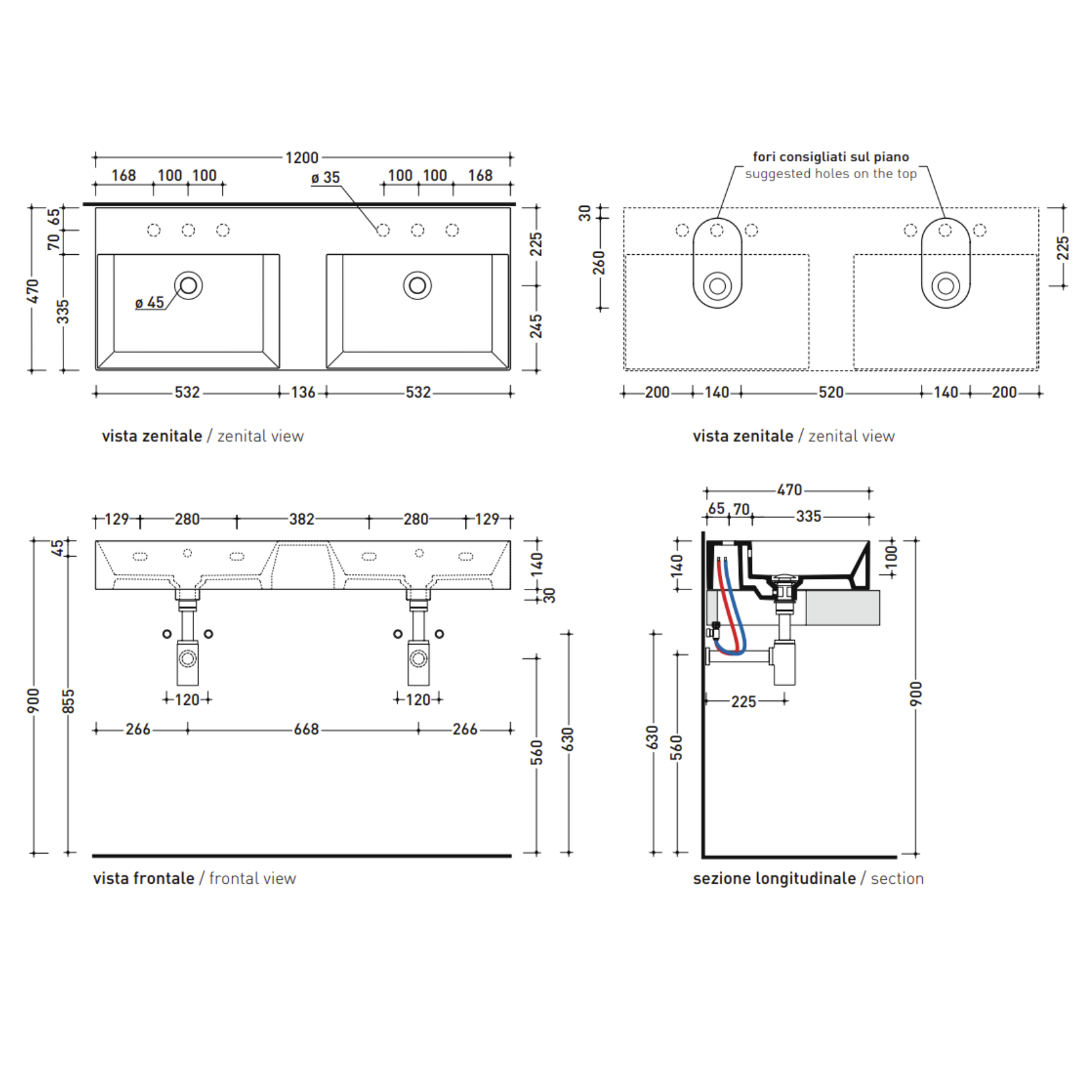 Flaminia APPLIGHT 120 lavabo 120×47 cm doppia vasca AP120L