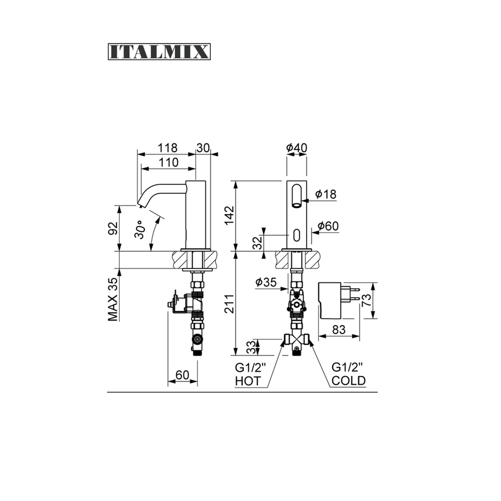 Miscelatore elettronico a infrarossi per lavabo con levetta miscelazione caldofreddo. funzionamento a corrente cromo (Cod. SE003C) - Italmix Elettronici