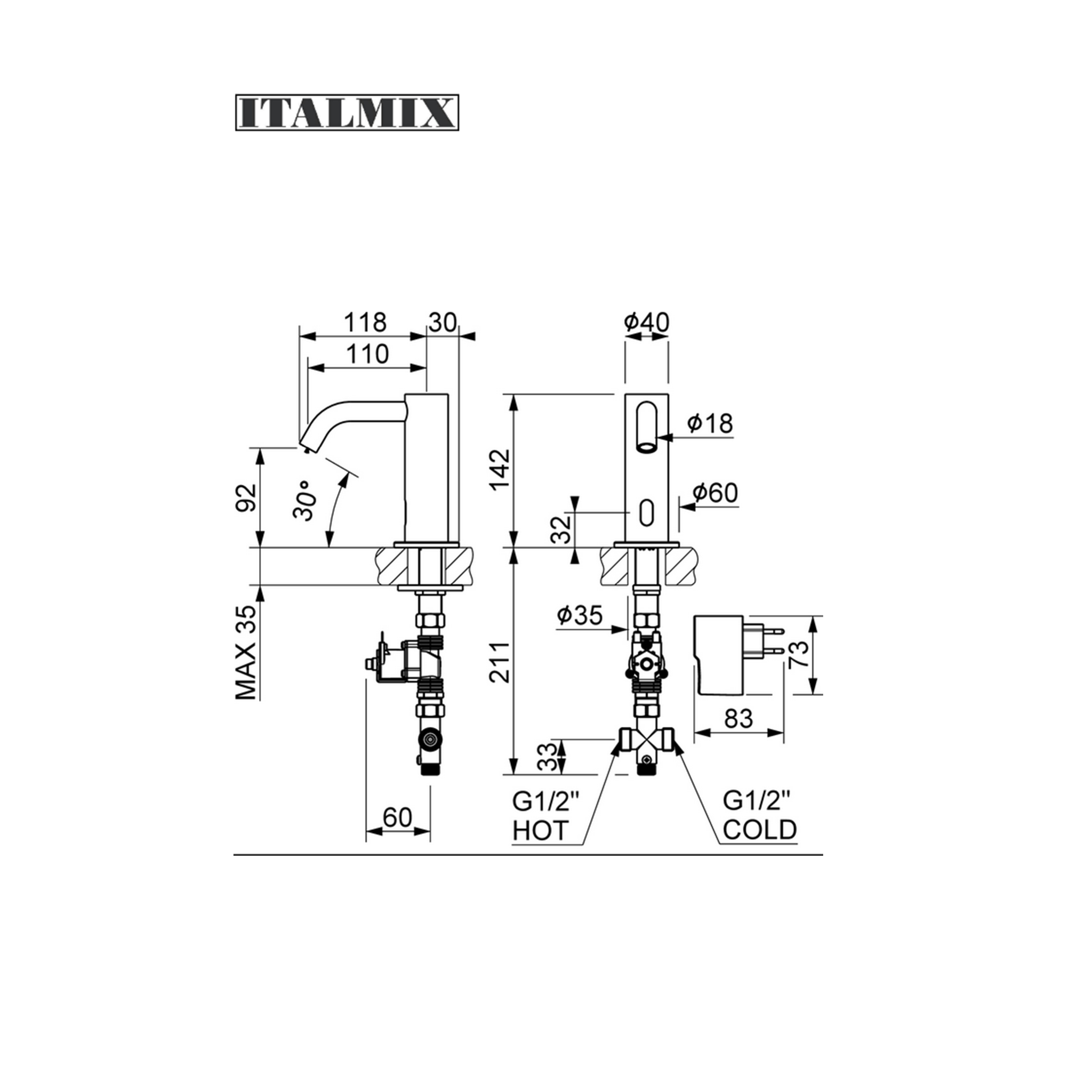 Miscelatore elettronico a infrarossi per lavabo con levetta miscelazione caldofreddo. funzionamento a corrente cromo (Cod. SE003C) - Italmix Elettronici