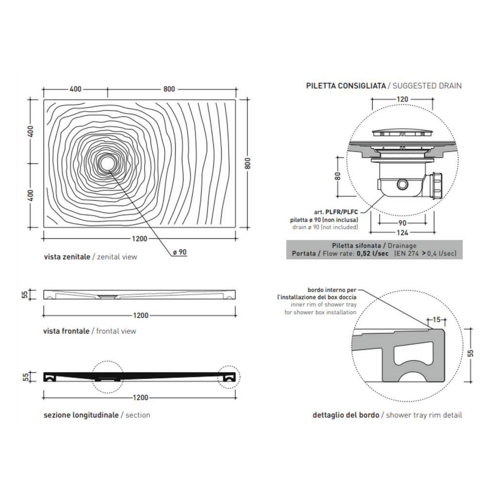 Piatto Doccia in Ceramica Water Drop 80x120 Bianco Lucido (Cod. DR120) - Ceramica Flaminia