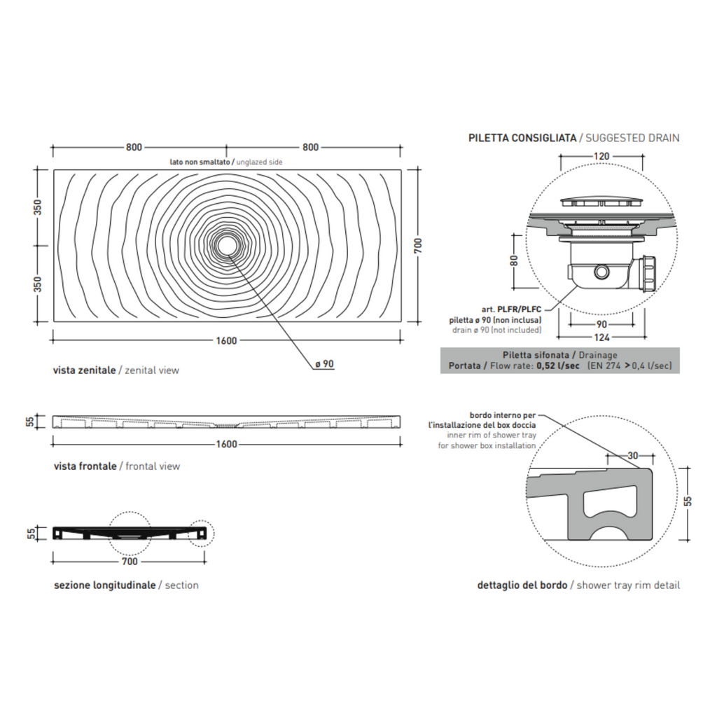 Piatto Doccia in Ceramica Water Drop 70x160 Bianco Lucido (Cod. DR7016) - Ceramica Flaminia