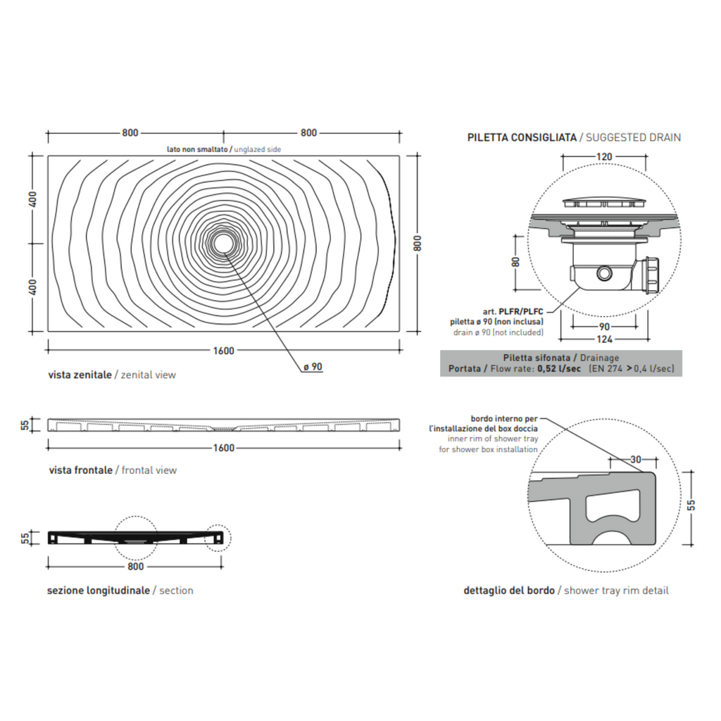 Piatto Doccia in Ceramica Water Drop 80x160 Bianco Lucido (Cod. DR8016) - Ceramica Flaminia