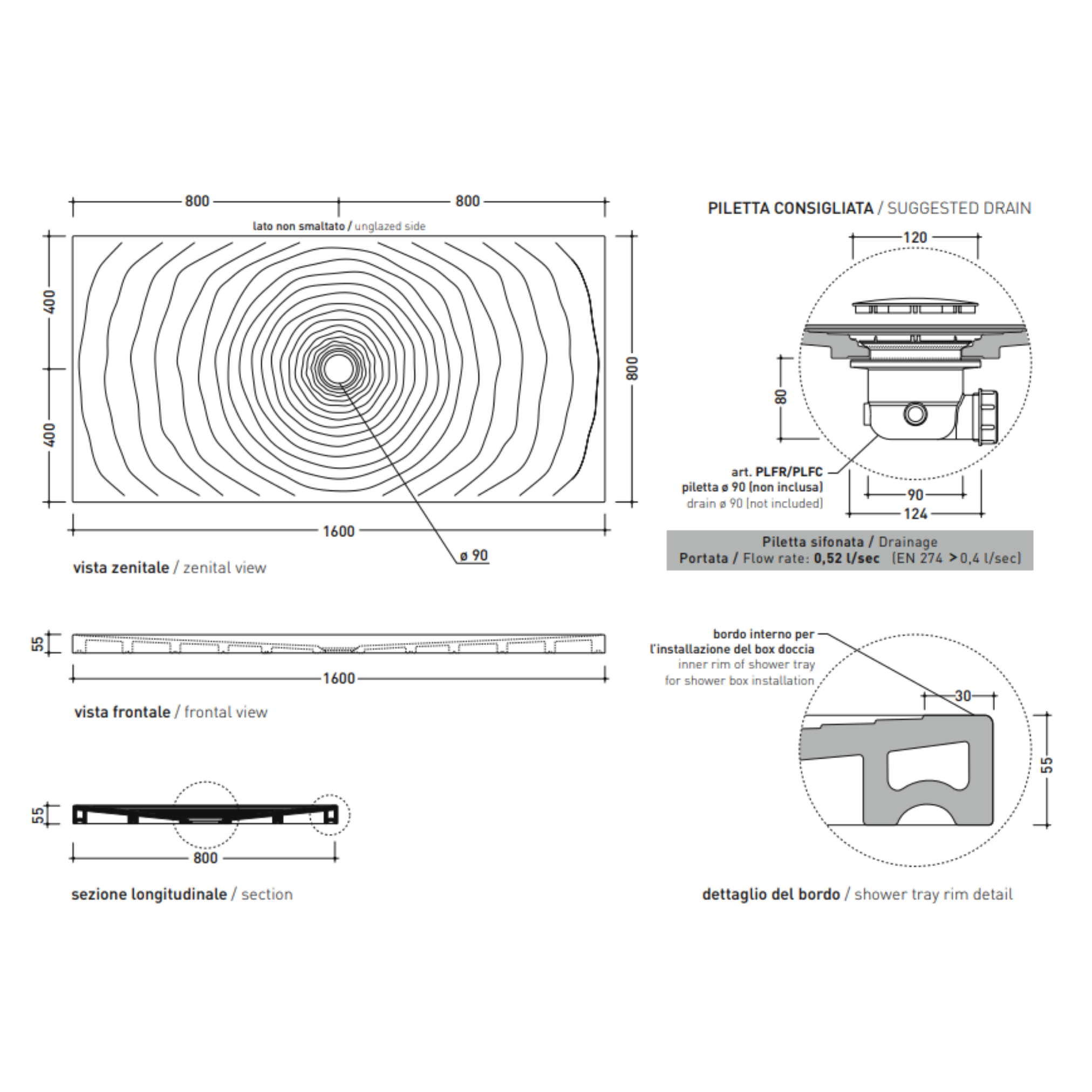 Piatto Doccia in Ceramica Water Drop 80x160 Bianco Lucido (Cod. DR8016) - Ceramica Flaminia
