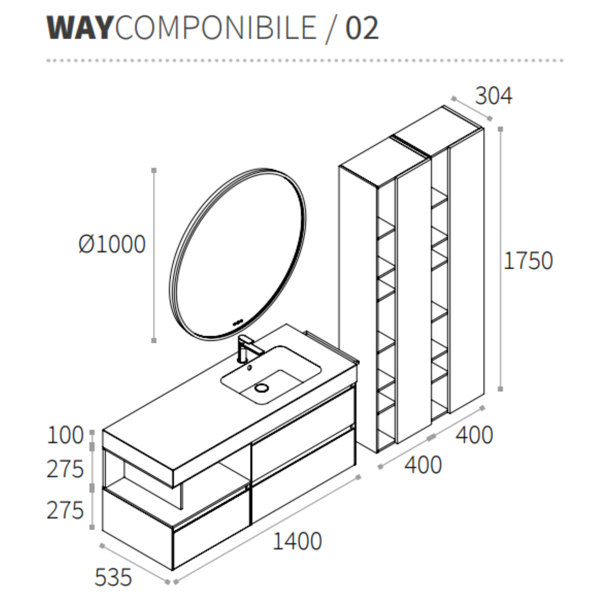 Mobile Berloni Bagno Way Componibile 02 - L 140+40+40 cm