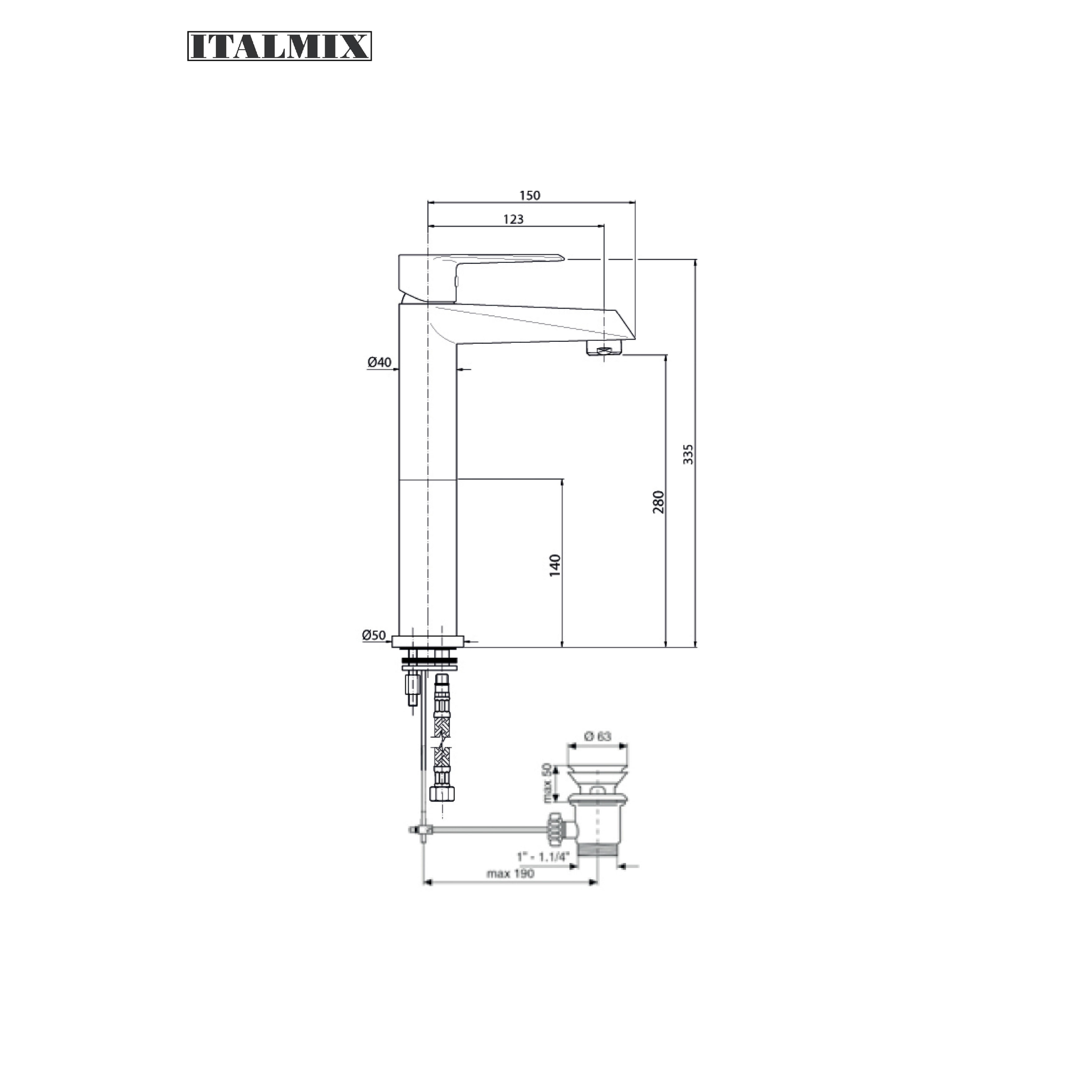 Miscelatore monocomando lavabo prolungato con scarico automatico cromo (Cod. UN0214) - Italmix Unica